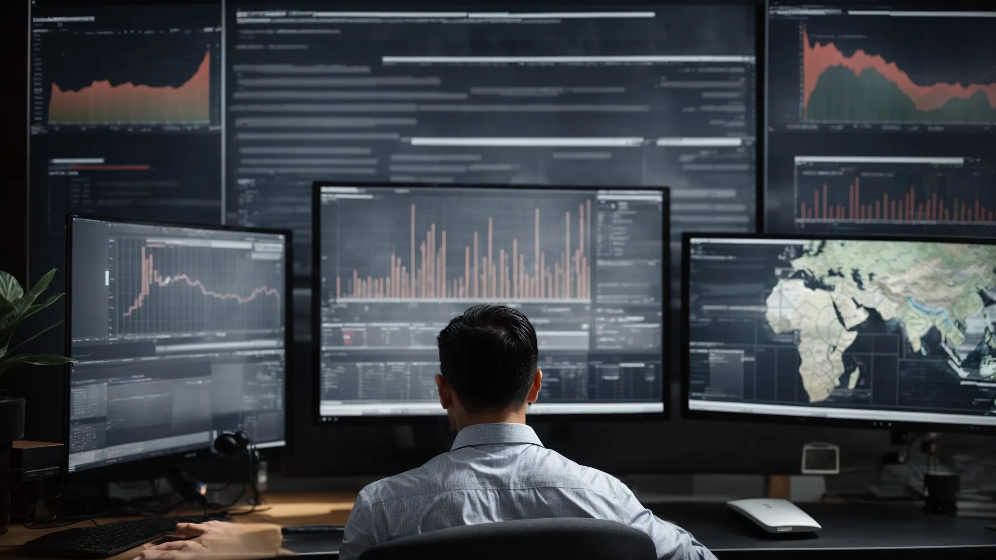 a serene office space with a person analyzing data on a computer screen surrounded by charts and graphs reflecting website traffic trends.