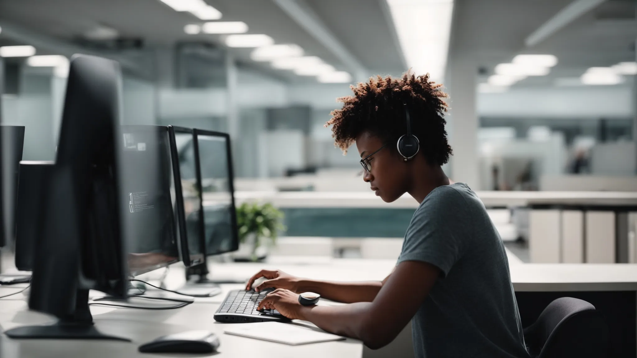 a person casually browsing the internet on a modern computer in a bright office space.