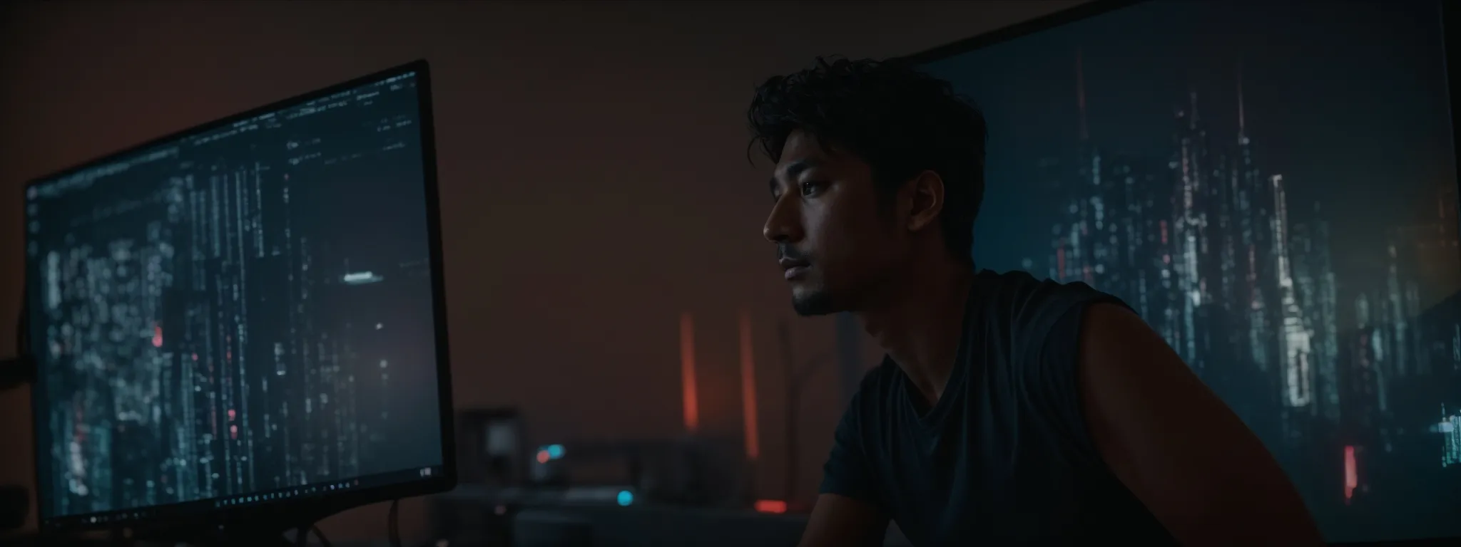 a designer intently scrutinizes a computer screen displaying a vibrant flash animation, contemplating seo strategies.