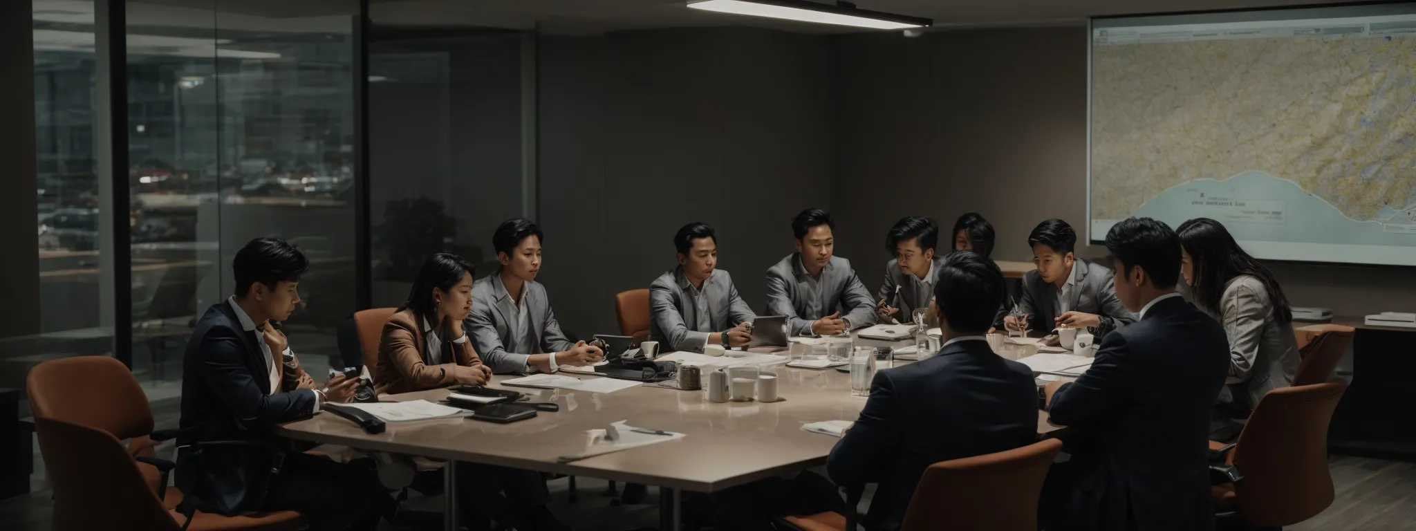 a group of professionals gathers around a conference table with digital devices, strategizing over a raleigh city map.