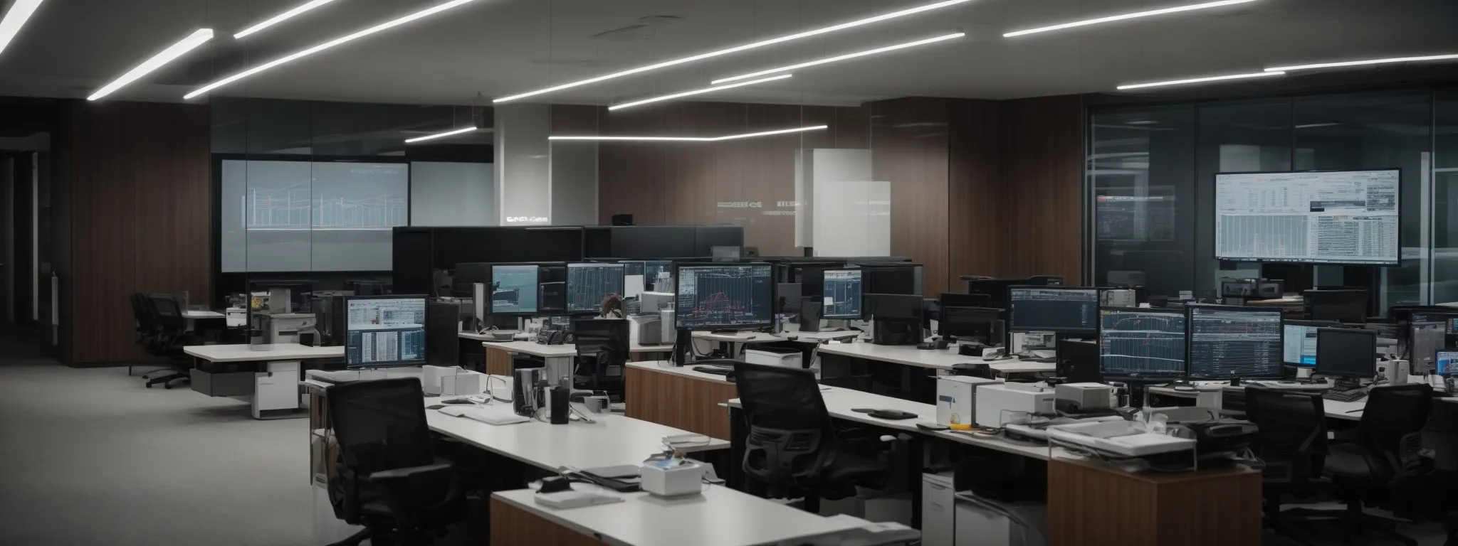 a modern office with computers displaying analytics and graphs on the screens.