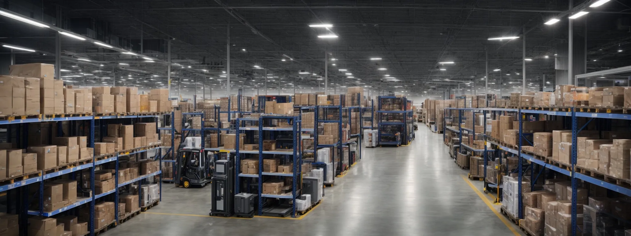 a panoramic view of a high-tech warehouse interior bustling with automated guided vehicles and neatly organized shelves filled with goods.