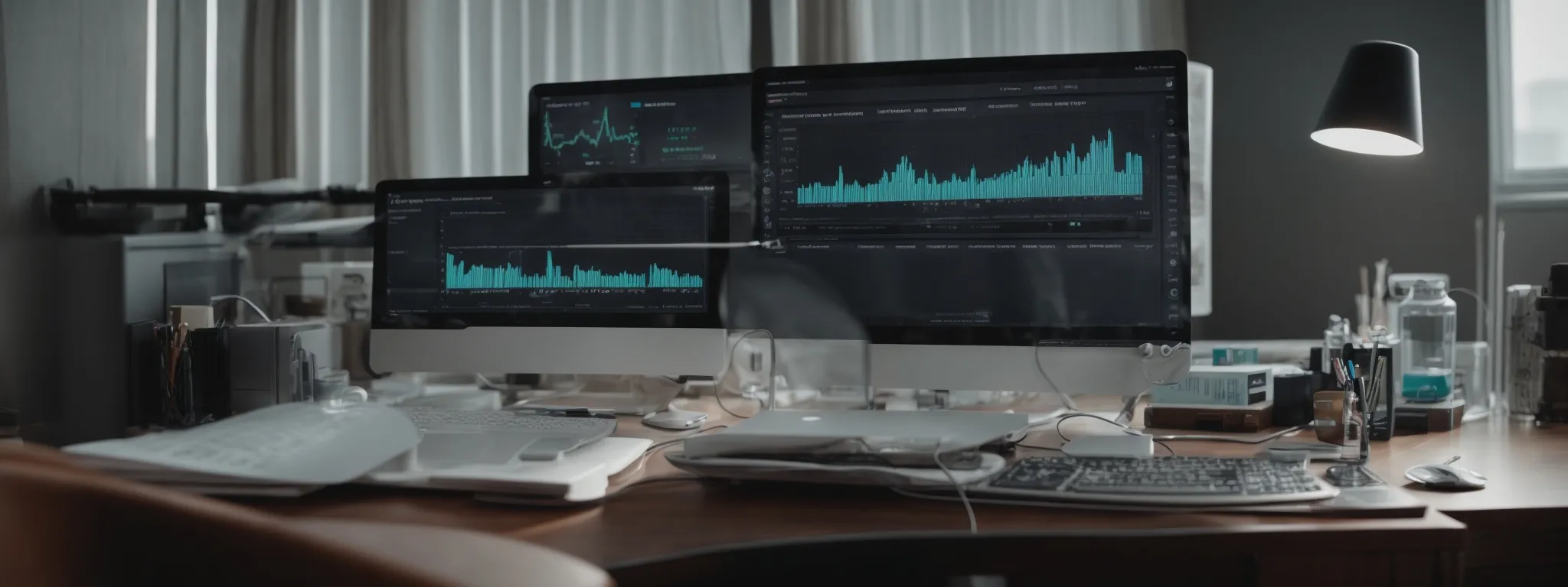 a computer with an seo analytics dashboard on the screen, surrounded by dental instruments and a model of teeth on a bright, modern desk.