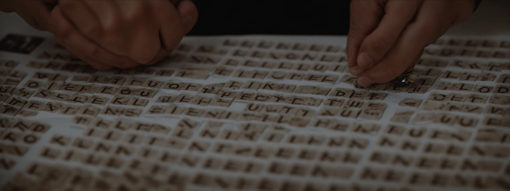 a person thoughtfully arranging scrabble tiles to spell out key phrases on a tabletop.