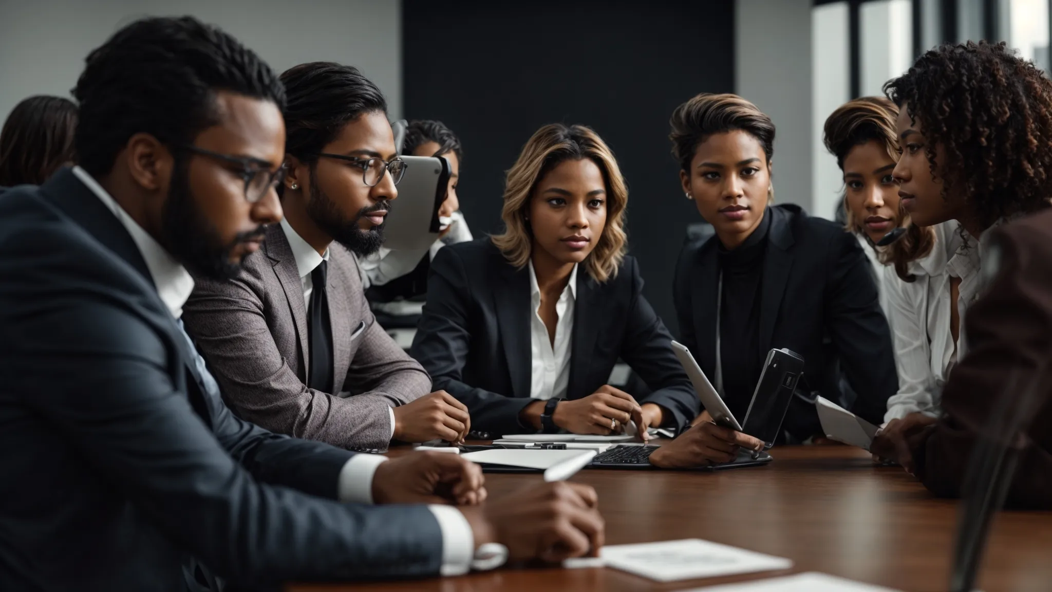 a diverse group of focused professionals around a conference table, brainstorming strategies with computers and seo analytics displayed on screens.