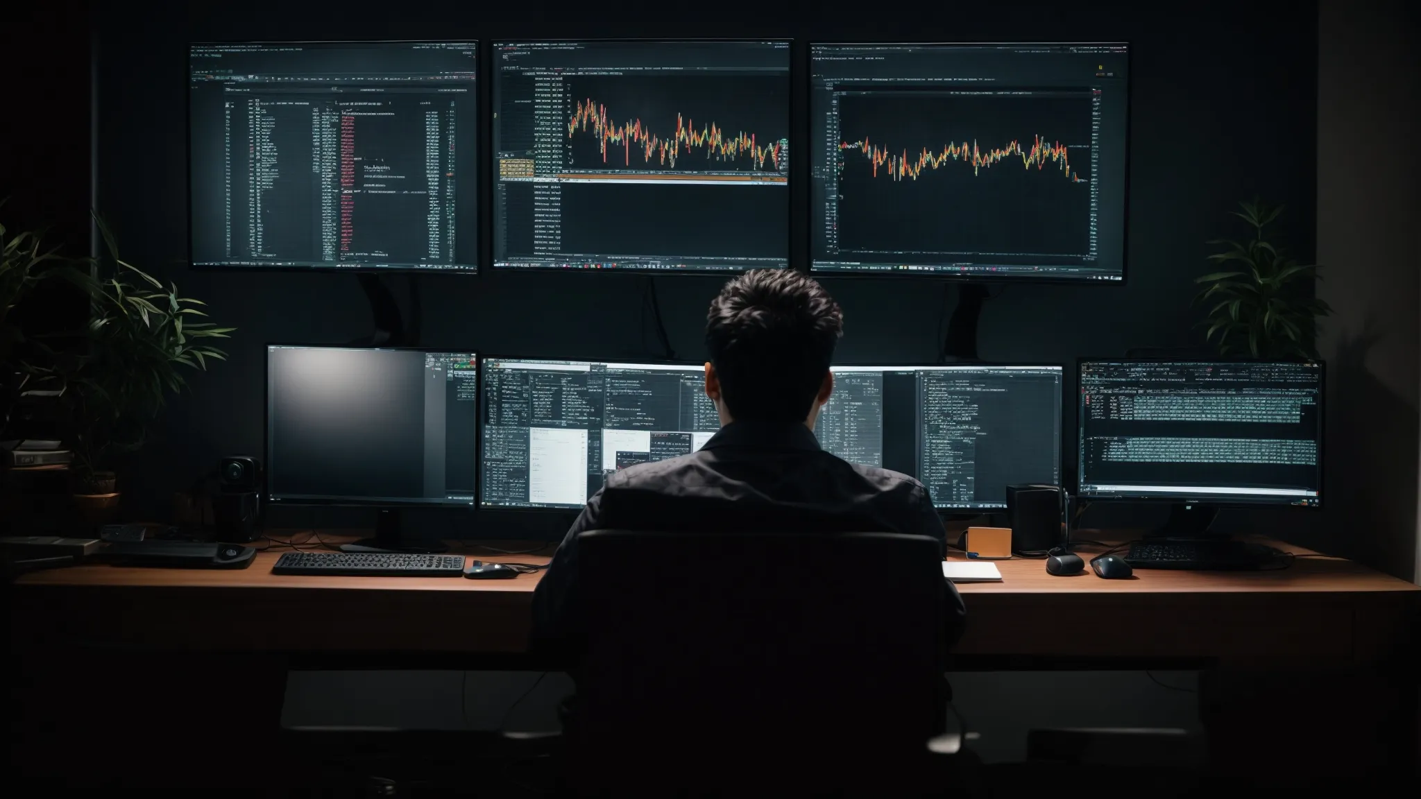 a programmer sits at a desk with dual monitors displaying seo analytics and javascript code.