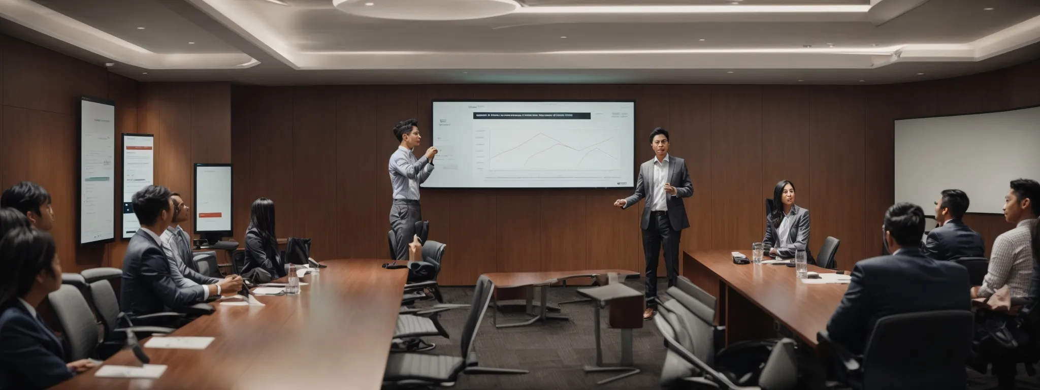 a conference room with an seo expert presenting to attentive marketing professionals about user engagement metrics and strategies.