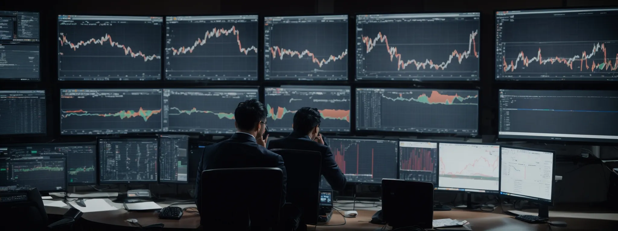 a professional at a desk intently analyzes data trends on multiple computer screens displaying website analytics and ranking graphs.