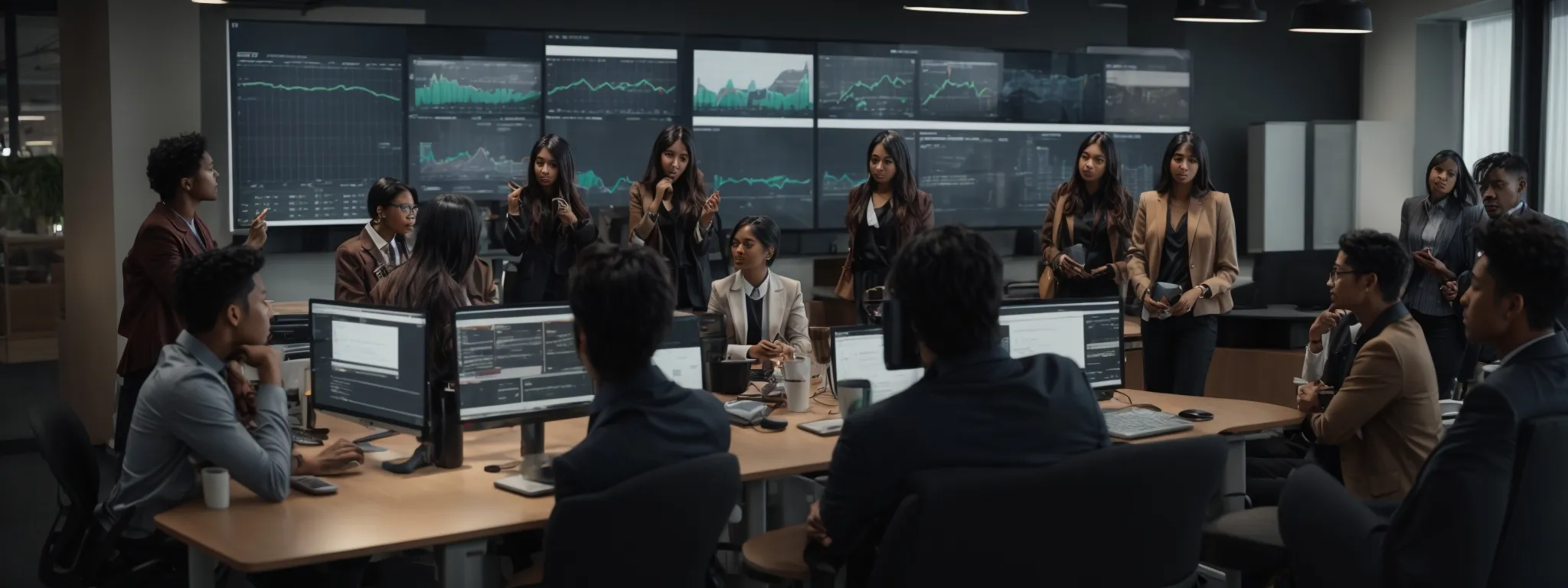 a group of diverse professionals in a modern office engaged in a brainstorming session around a large digital screen displaying website analytics.