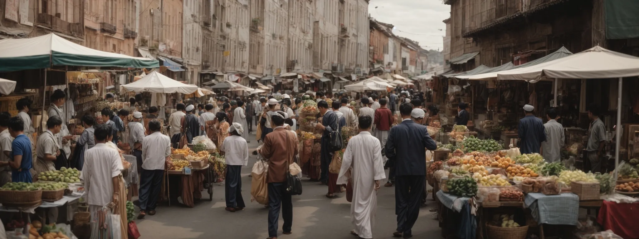 a bustling local street market with small businesses attracting a crowd of residents.