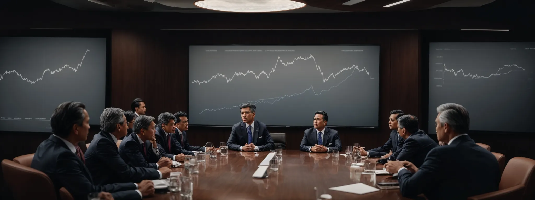 a ceo presents a graph showing a declining trend to a boardroom of executives.