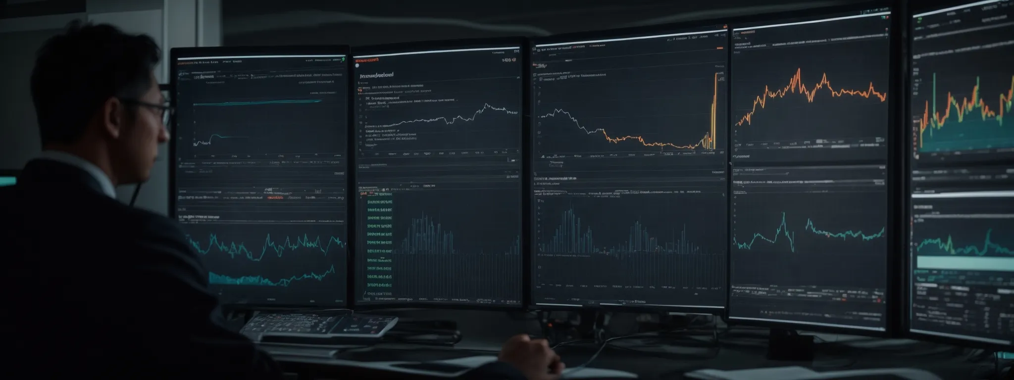 an illuminated screen displaying charts and graphs while a marketing professional reviews data to optimize a digital strategy.