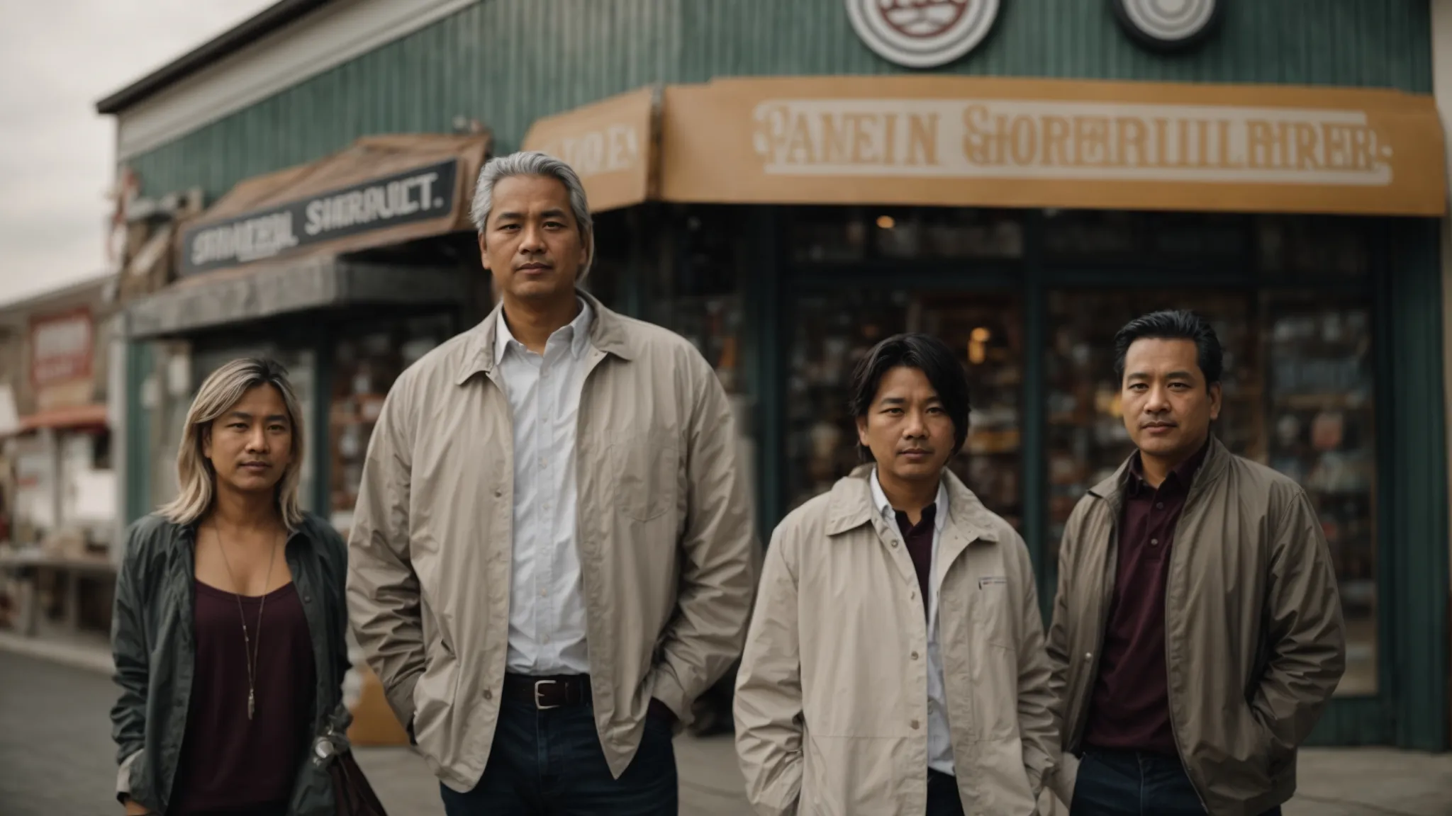 three local store owners standing in front of their businesses with a large map pinpoint icon above each shop.