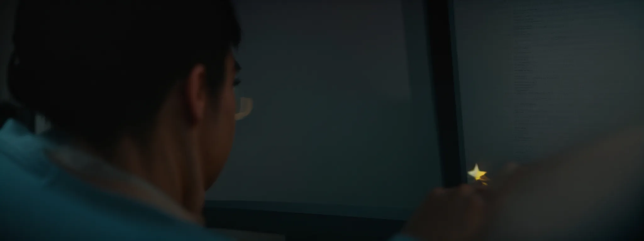 A person in a blue shirt sits in front of a computer screen, holding a small yellow star sticker near the lower right corner of the monitor.