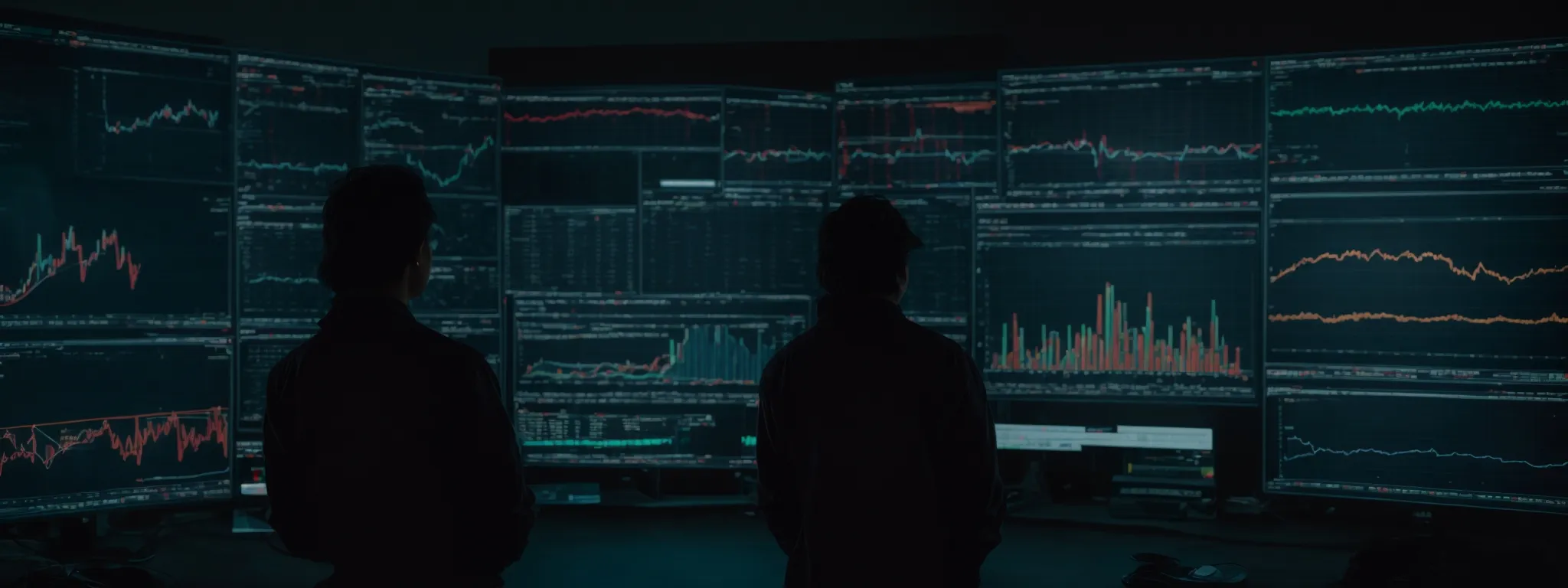 a person stands in front of a large computer screen displaying graphs and analytics indicating website traffic and keyword rankings.