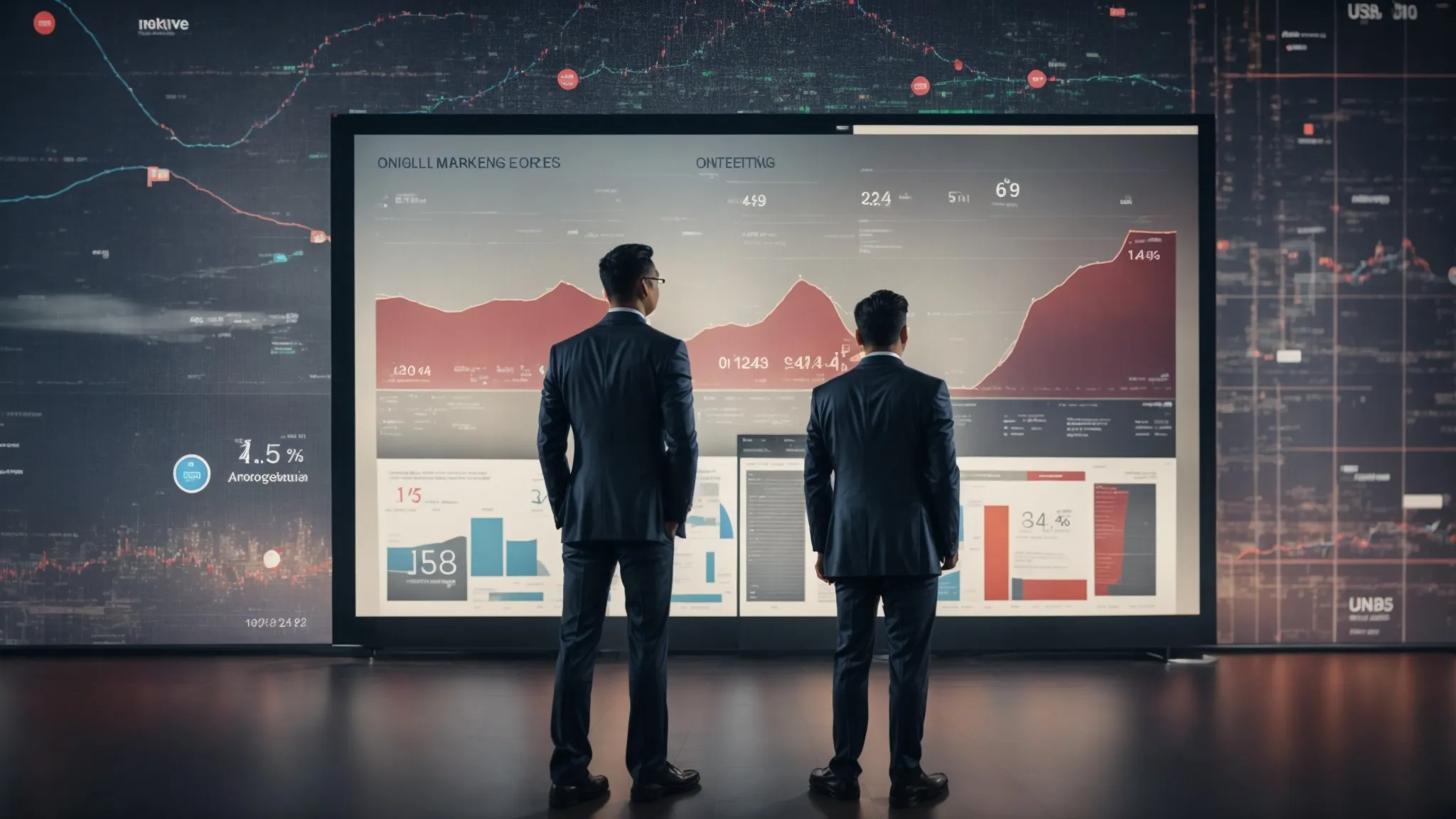 two marketers stand before a large screen displaying graphs and icons representing online advertising strategies, with one side labeled "digital marketing" and the other "internet marketing."