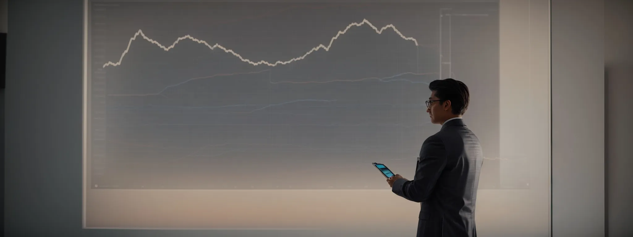 a marketer studies a graph illustrating the correlation between tv ad timings and surges in online search queries.