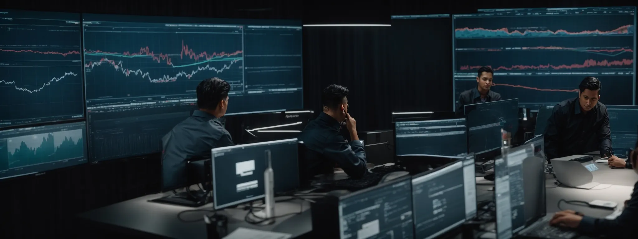 a team of professionals analyzes graphs on a large screen, optimizing a digital marketing campaign.