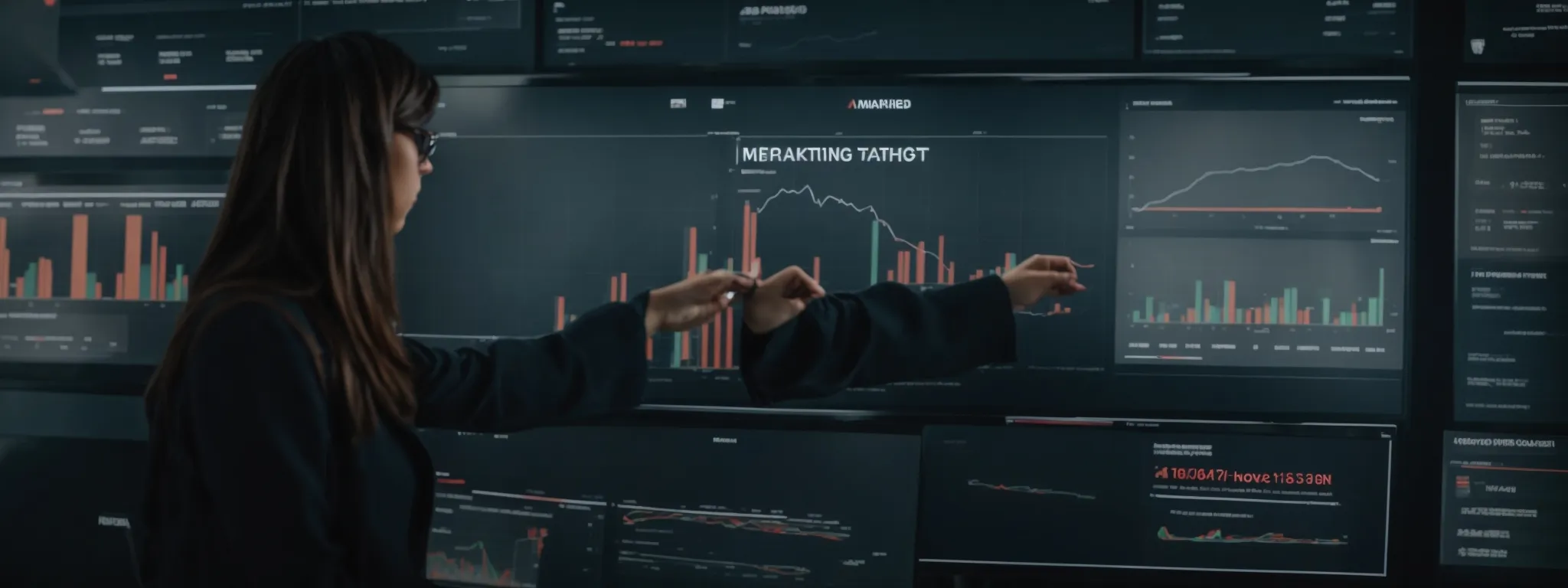 a marketer adjusts a virtual dashboard that visualizes a digital marketing campaign's success metrics, symbolizing strategic planning and audience targeting.