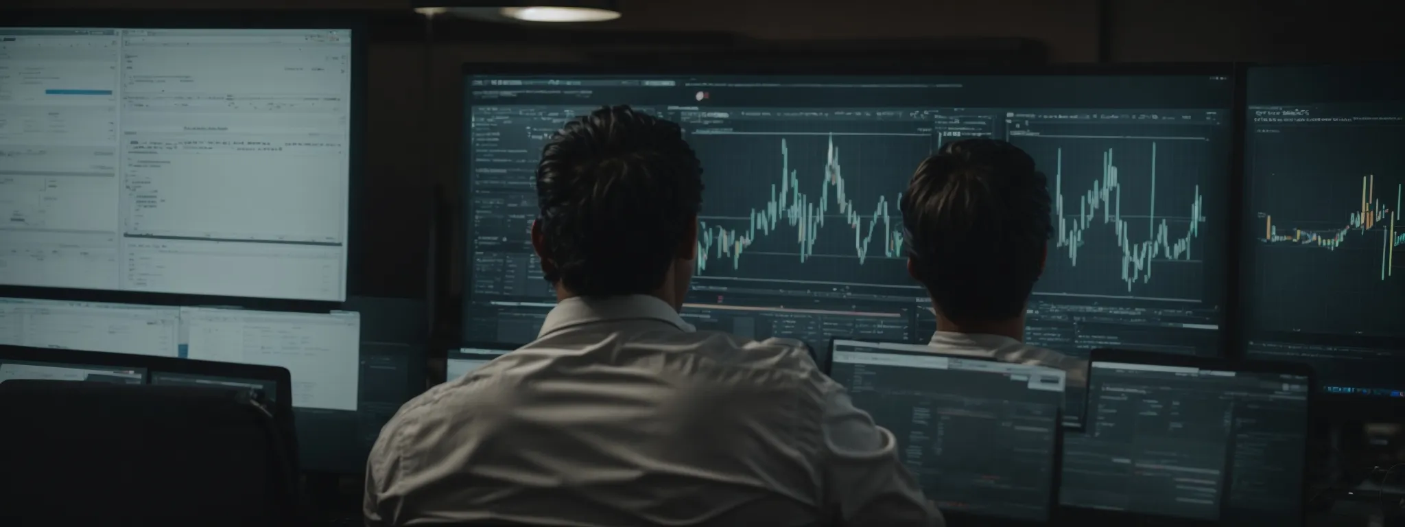 a strategist intently examines interactive analytic graphs on a computer screen, optimizing a website's search engine strategy.