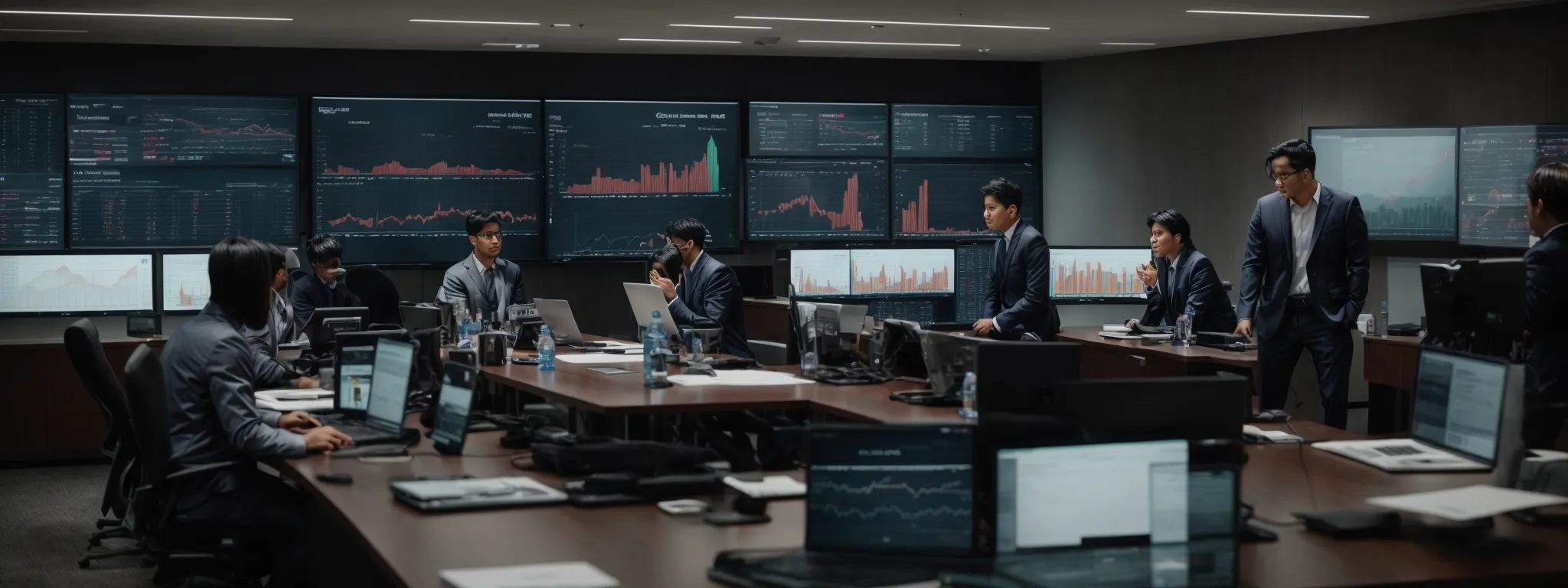 a conference room with a large monitor displaying a graph of increasing sales, while a team of professionals analyze market data on their laptops.
