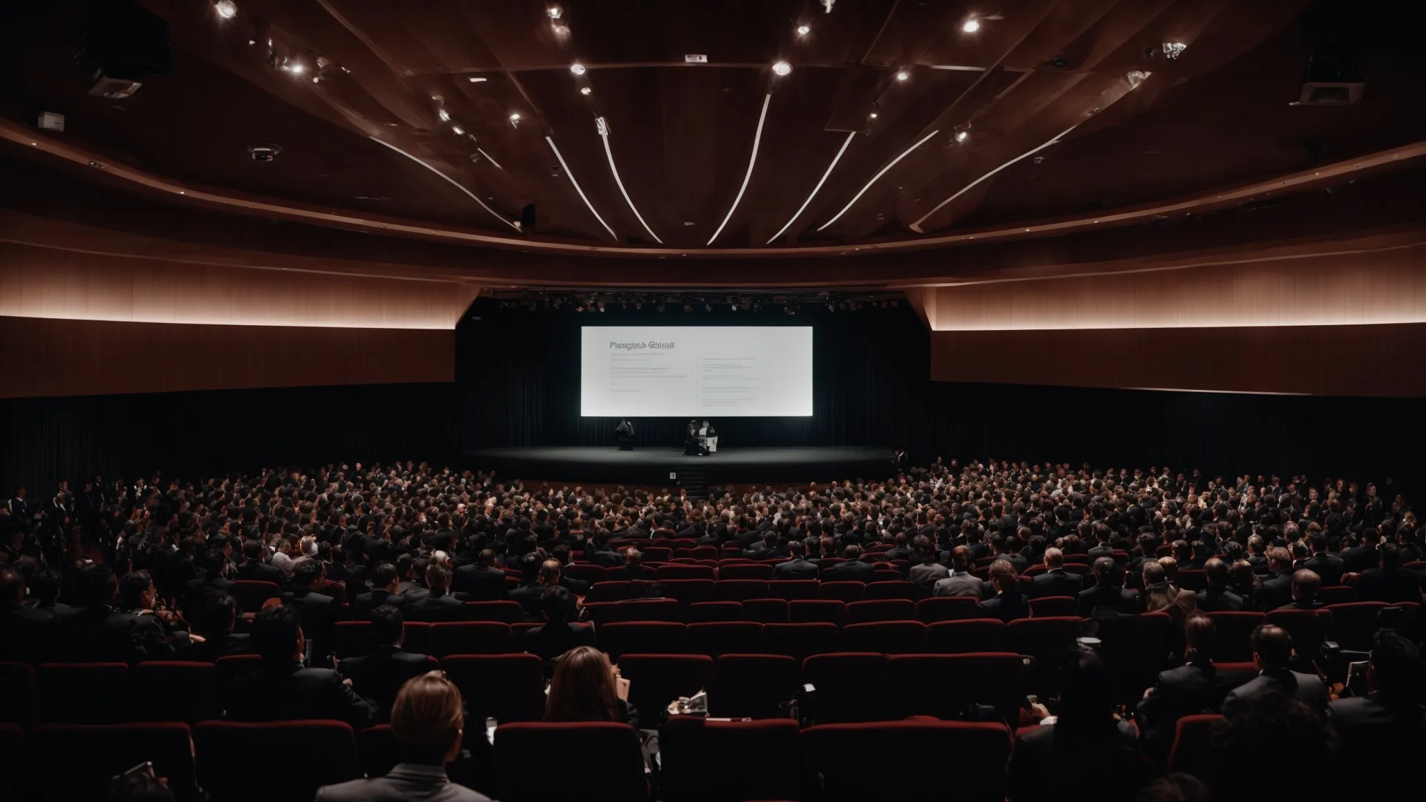 a crowded auditorium with rows of seated professionals facing a large projection screen where a speaker discusses search engine optimization trends.