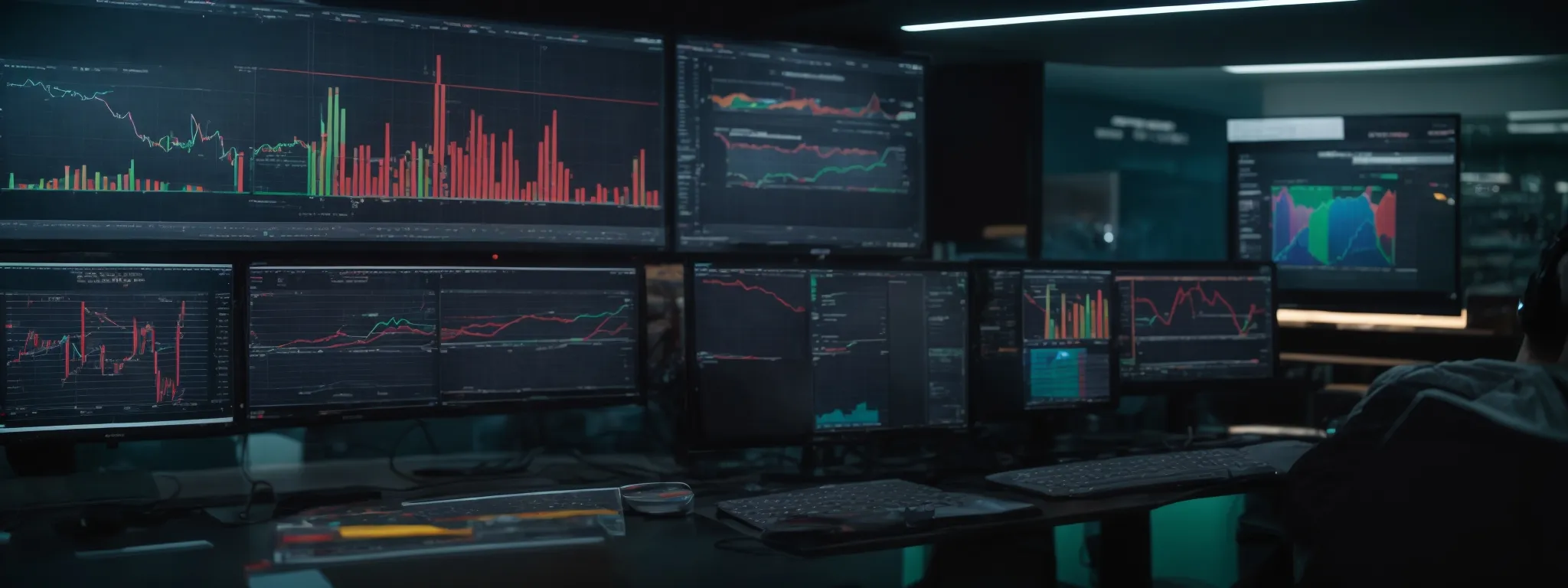 a marketer intently studies multi-colored graphs and charts on a computer screen, revealing website traffic patterns and keyword rankings.
