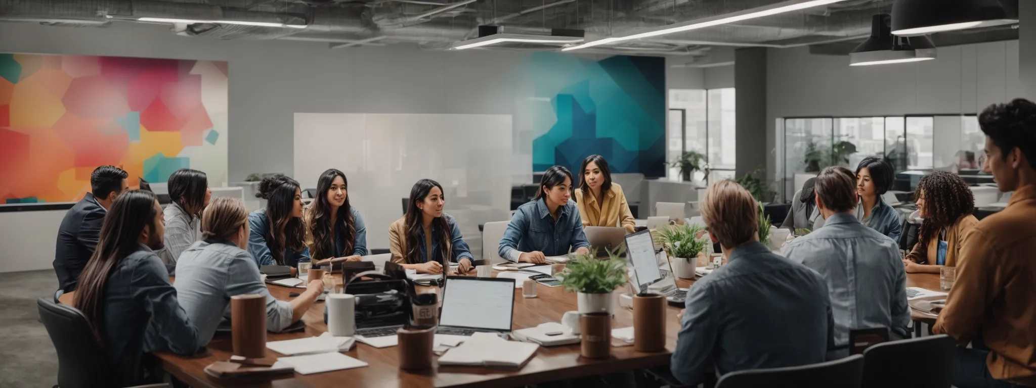 Diverse group of professionals collaborating in a modern conference room, sitting around a large wooden table with laptops, notebooks, coffee cups, and indoor plants, with colorful geometric wall art in the background.