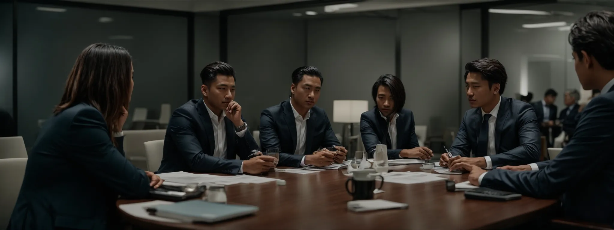 a business meeting with professionals discussing over a document on a table.