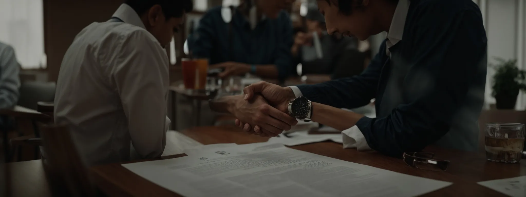 two professionals shaking hands across a table with a document between them in a bright office.
