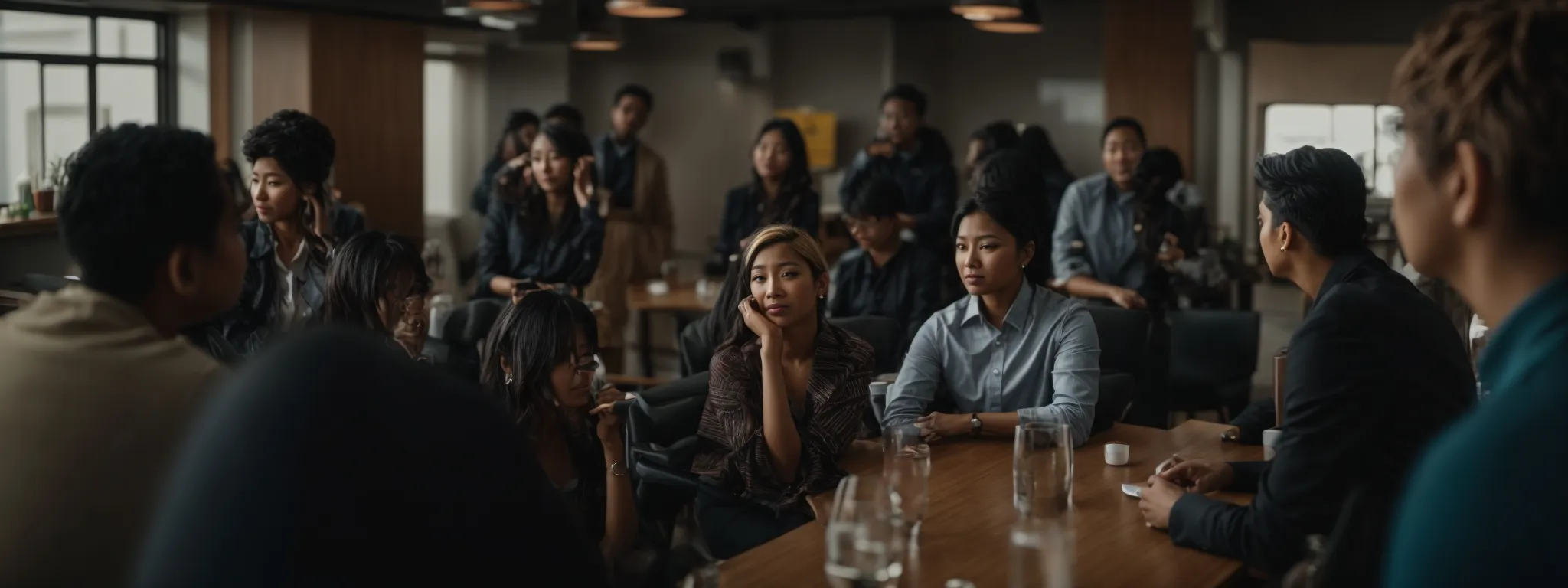 a marketer is engaging with a diverse group of attentive consumers in an interactive workshop setting, fostering a personalized connection.
