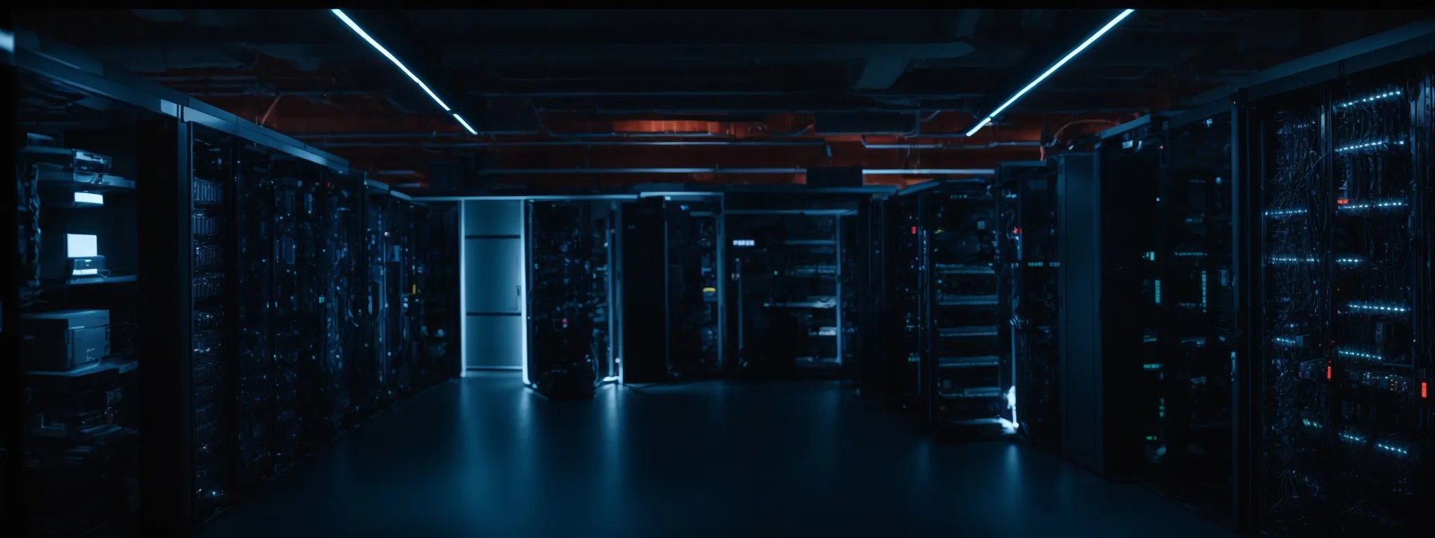 a network server room with glowing led lights indicating active data processing.