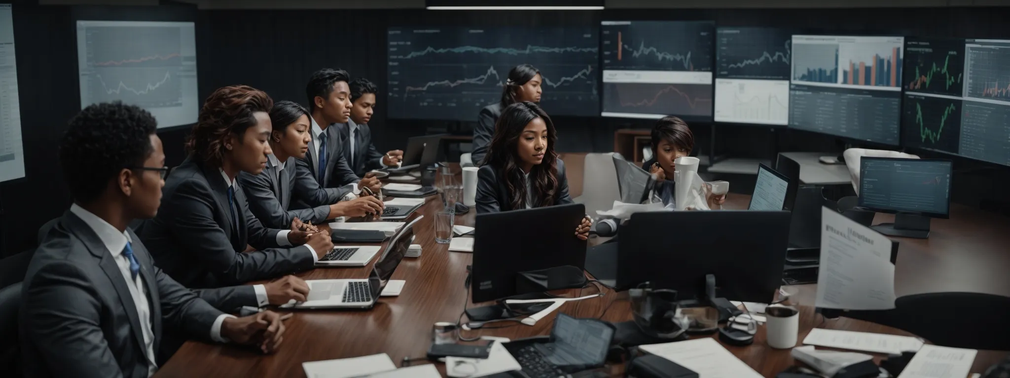 a diverse group of professionals attentively surrounds a conference table with multiple laptops displaying graphs and analytics.