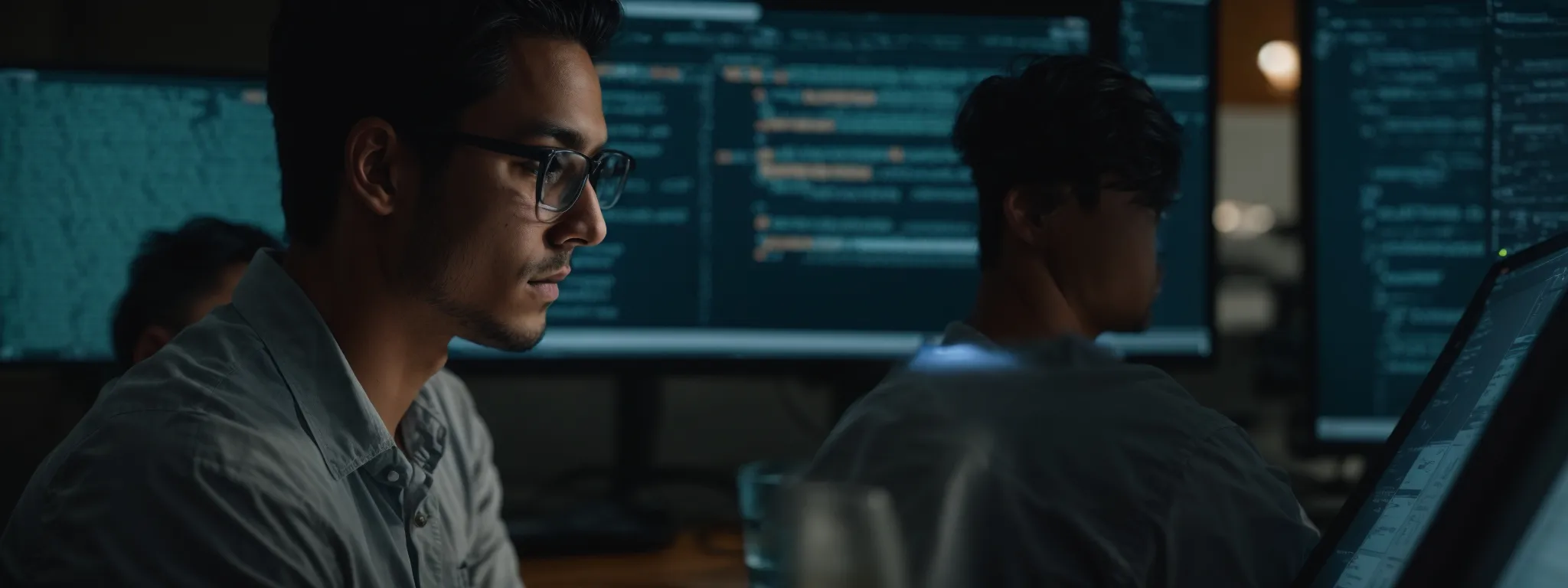 a web developer scrutinizes lines of code on a computer screen to optimize a news website for google's standards.