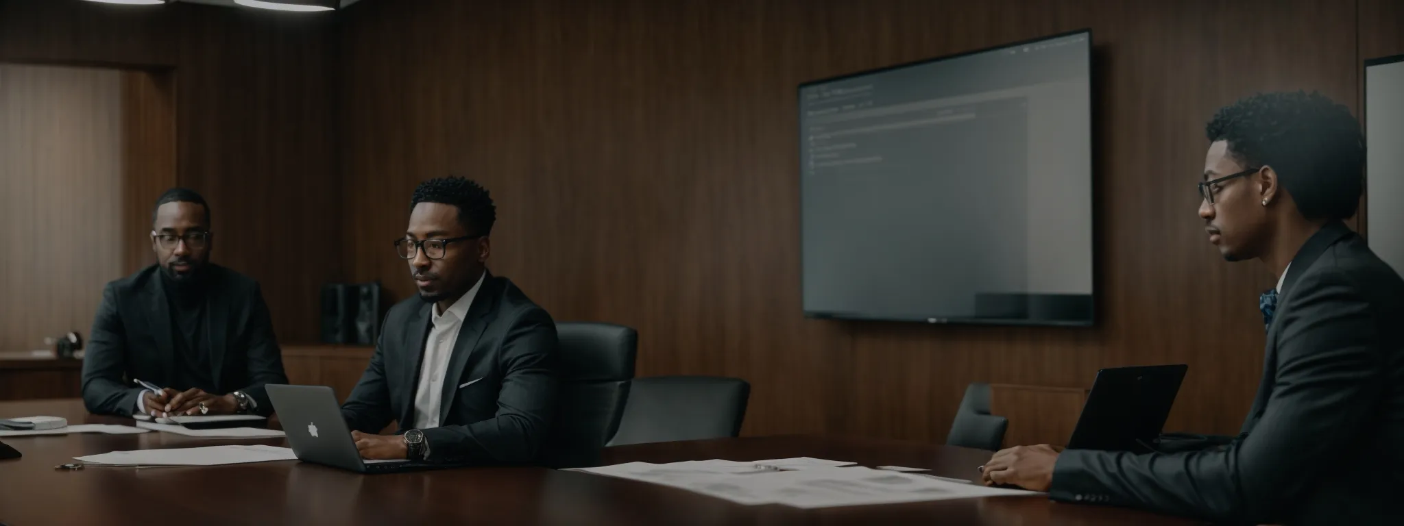 two professionals sit across from each other at a sleek conference table, engrossed in a focused discussion with a laptop open between them.