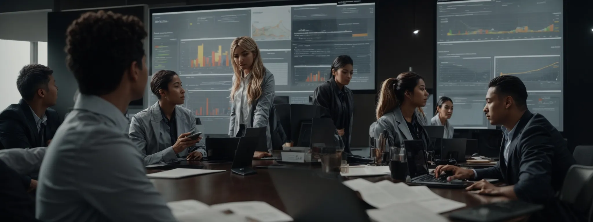 a team of professionals gathers around a large screen displaying a website's analytics dashboard, signifying collaboration and shared objectives.