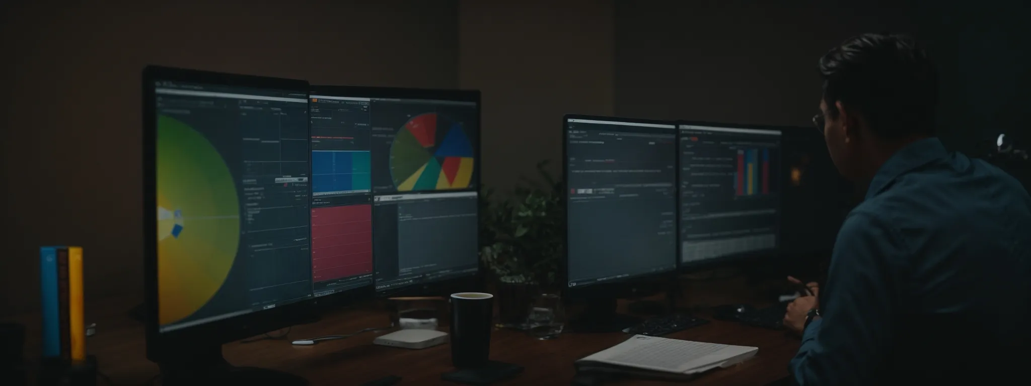 a marketer examining a colorful pie chart on a computer screen to analyze serp feature distribution.