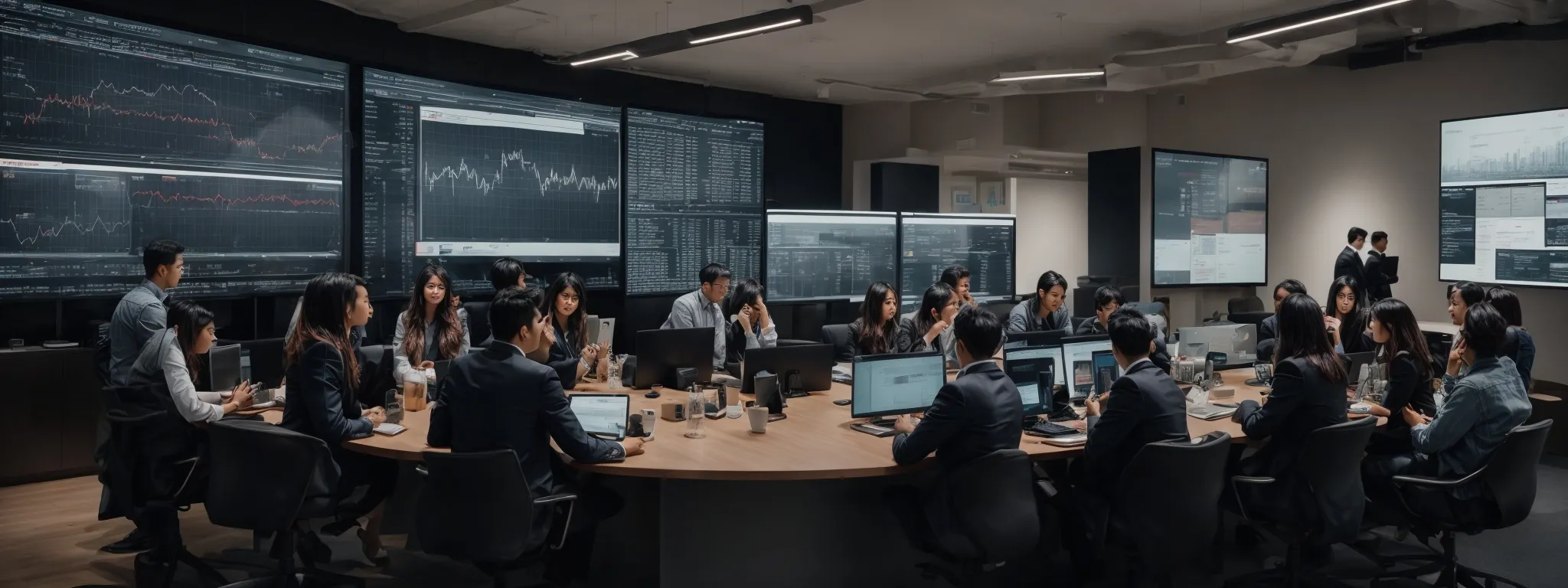 a bustling digital marketing agency with professionals discussing strategies around a large, interactive screen displaying web analytics.