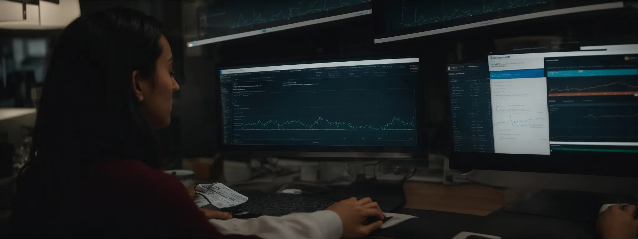 an e-commerce professional examines a dashboard displaying website analytics and performance metrics.
