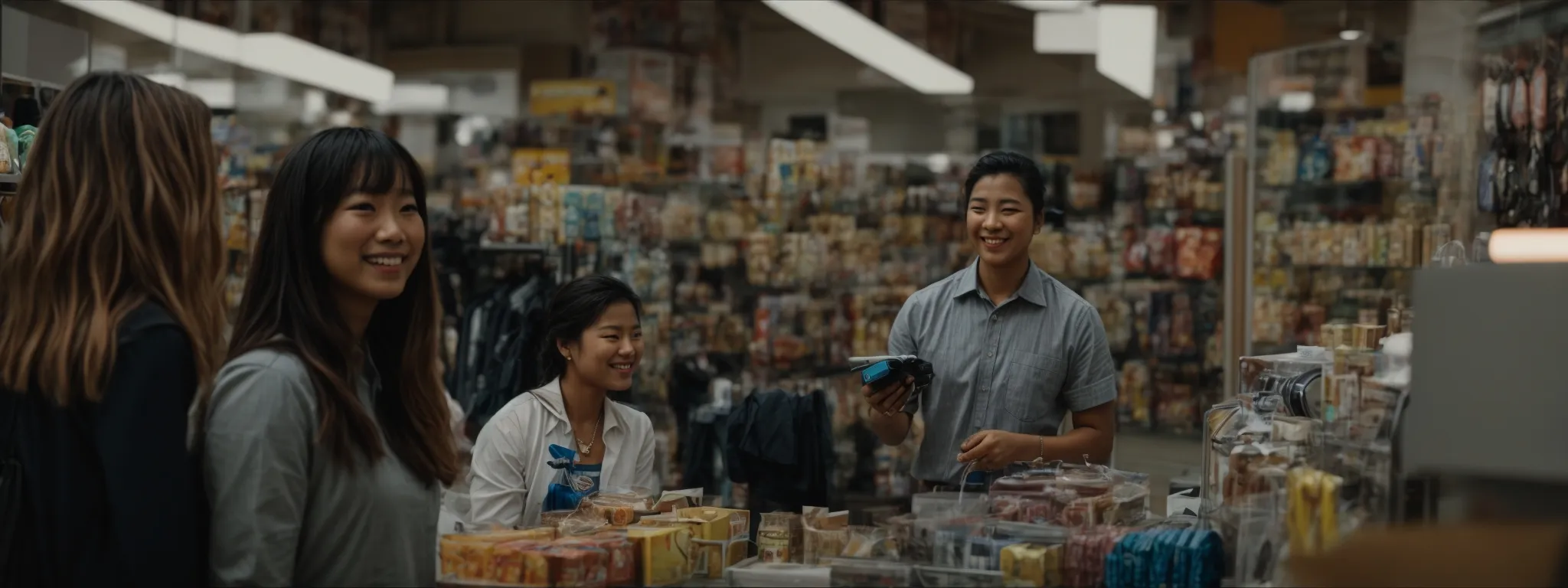 customers smiling and discussing products in a bustling store.
