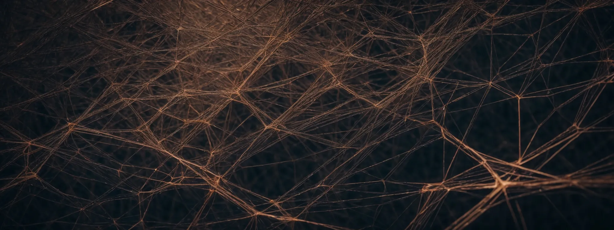 A complex network of thin, intersecting brown lines resembling neural connections or a web, set against a dark background.