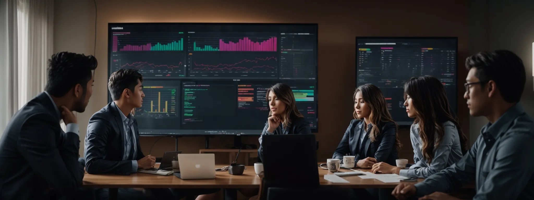 a marketing team gathers around a large screen displaying colorful graphs and website analytics.