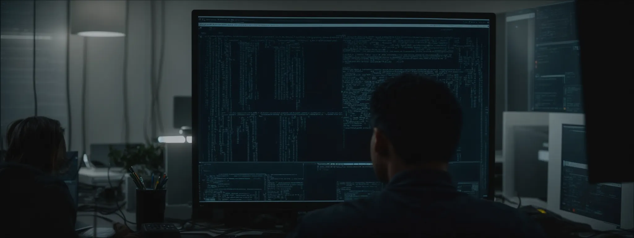a web developer sits in front of a large computer monitor displaying lines of code and a web page layout.