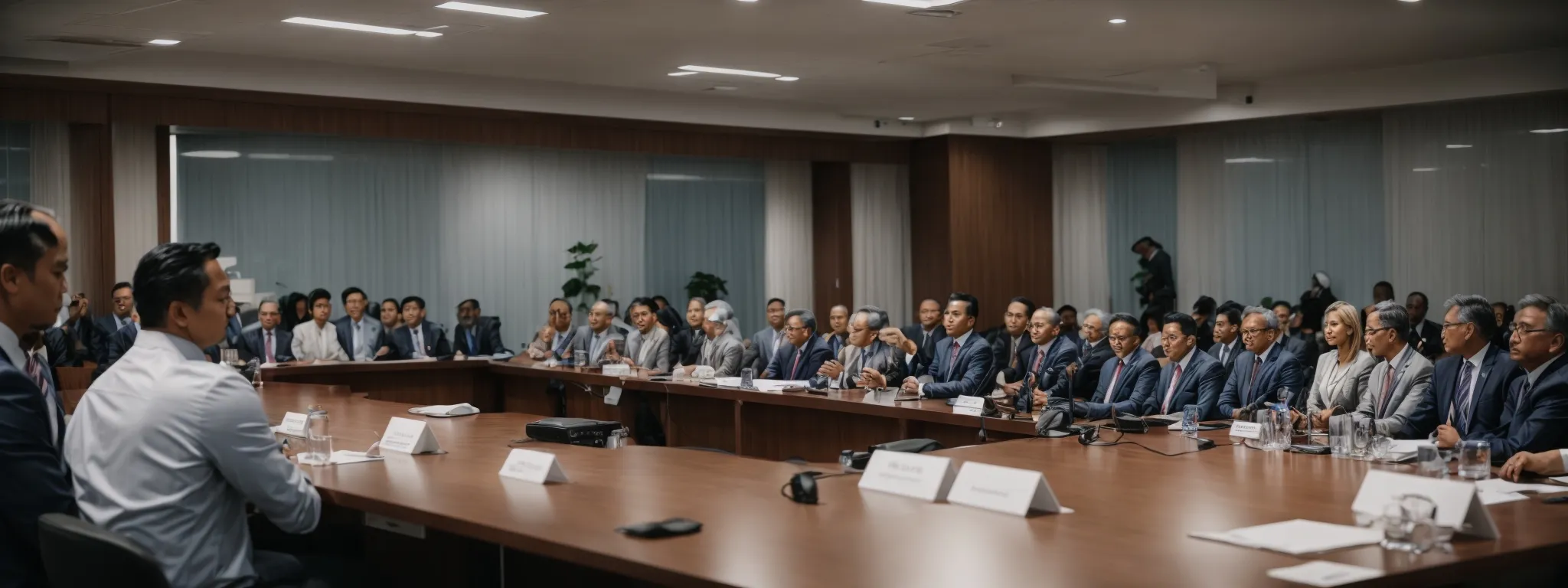 a professional meeting with government officials and business representatives engaging in a presentation on procurement procedures.