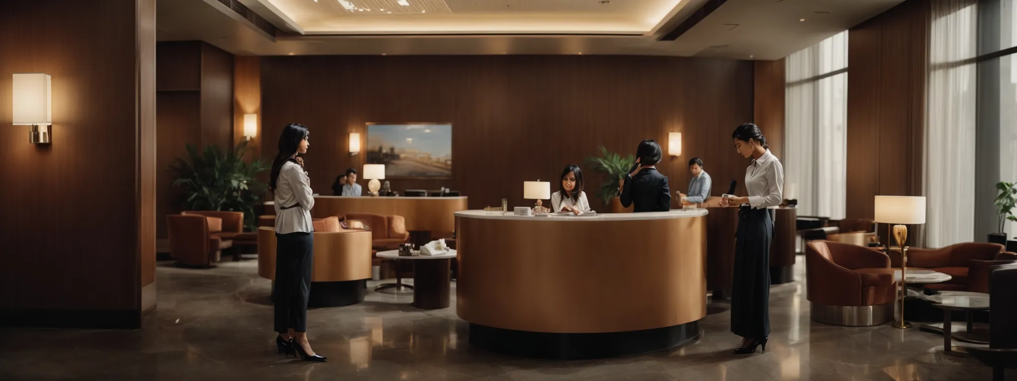 a high-end hotel lobby with guests interacting with a receptionist behind a modern front desk.