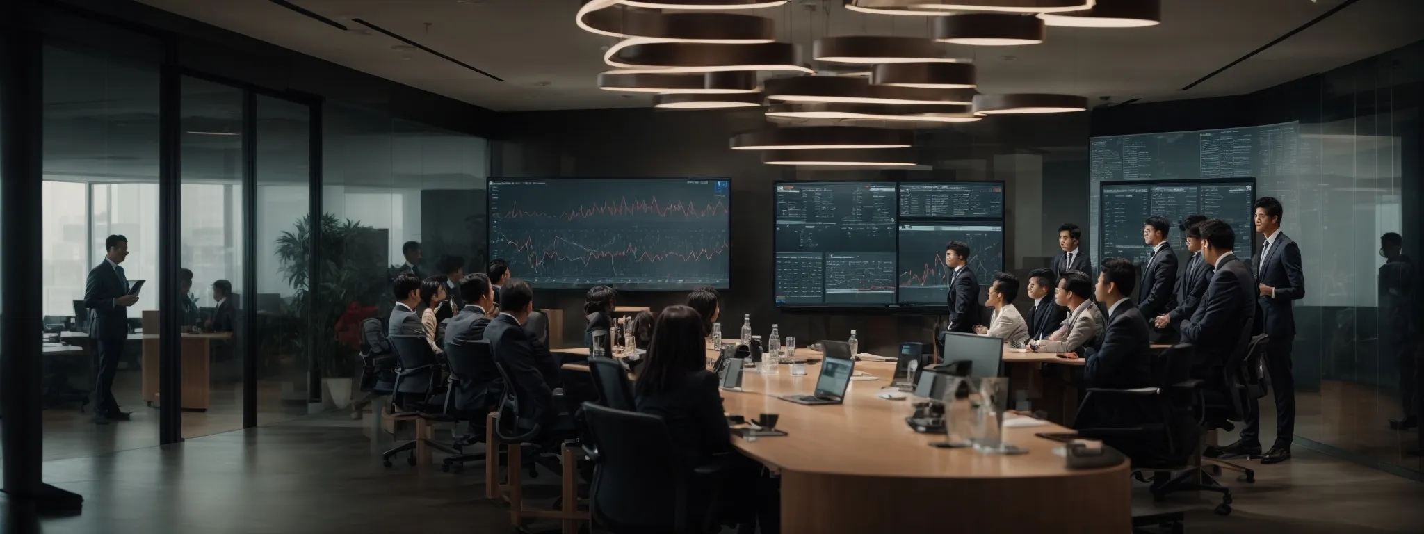 a conference room with a large screen displaying website traffic analytics as a team attentively reviews the data.