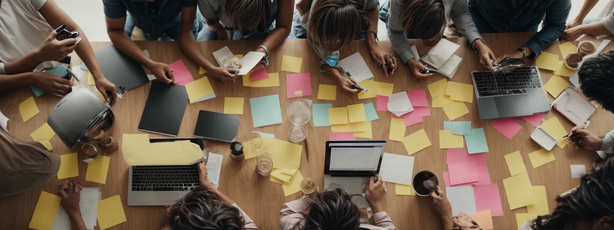 people gathered around a table, brainstorming and sharing ideas with various digital devices and sticky notes.