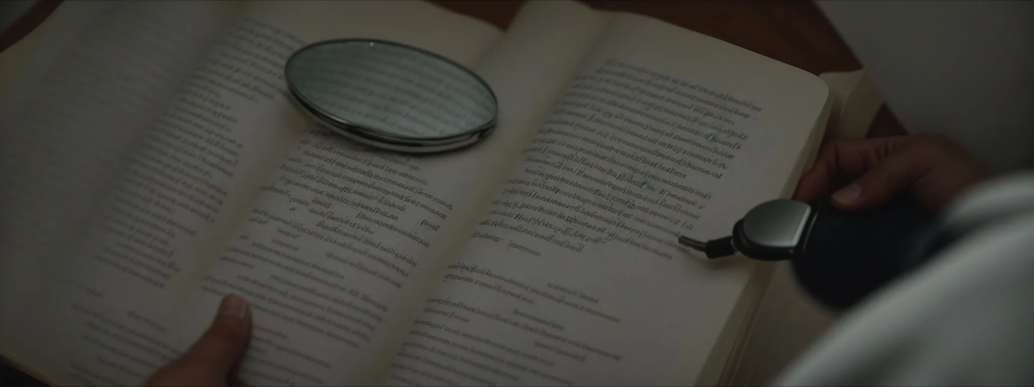 a person browsing through a thick book with a magnifying glass hovering over a page, symbolizing in-depth research.