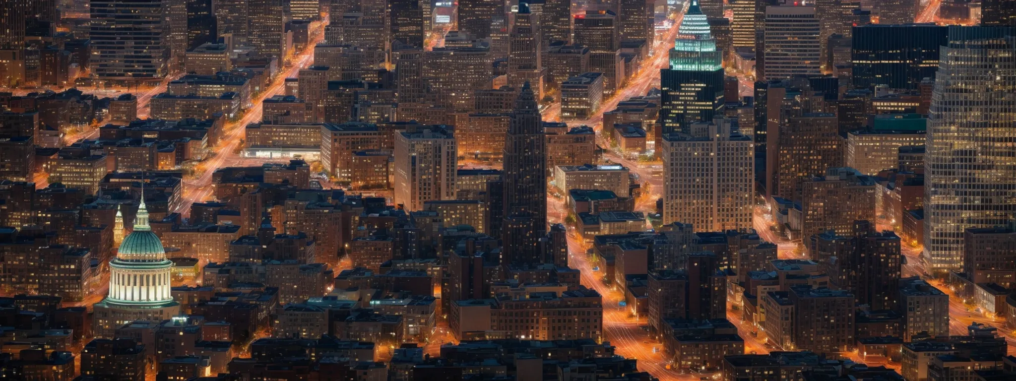 a bustling cleveland cityscape illustrating vibrant business growth, with a magnifying glass hovering over towering buildings, symbolizing the discovery of seo opportunities.