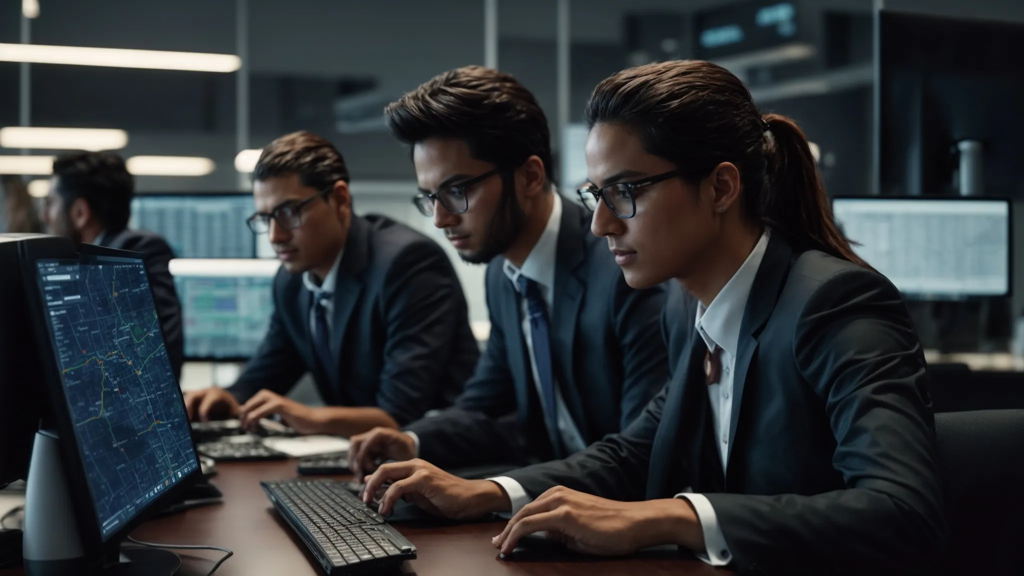 a busy corporate team working on computers in an office setting with multiple screens displaying maps and business analytics.